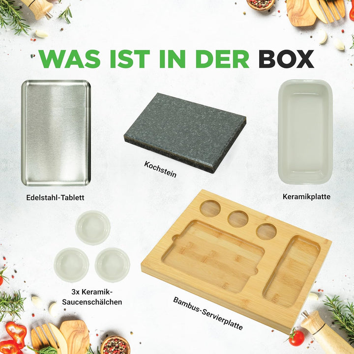 NutriChef Heisser Stein Grillplatte – Tischgrill-Set mit Bambus und Keramik Ideal für Steak und Dinn