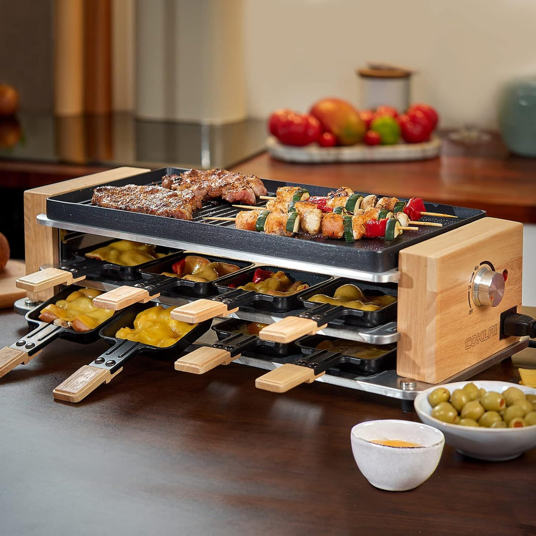 COKLAI Raclette grill 8 Personen mit 2 in 1 Antihaftbeschichtung Grillplatte, Partygrill für 8 Perso