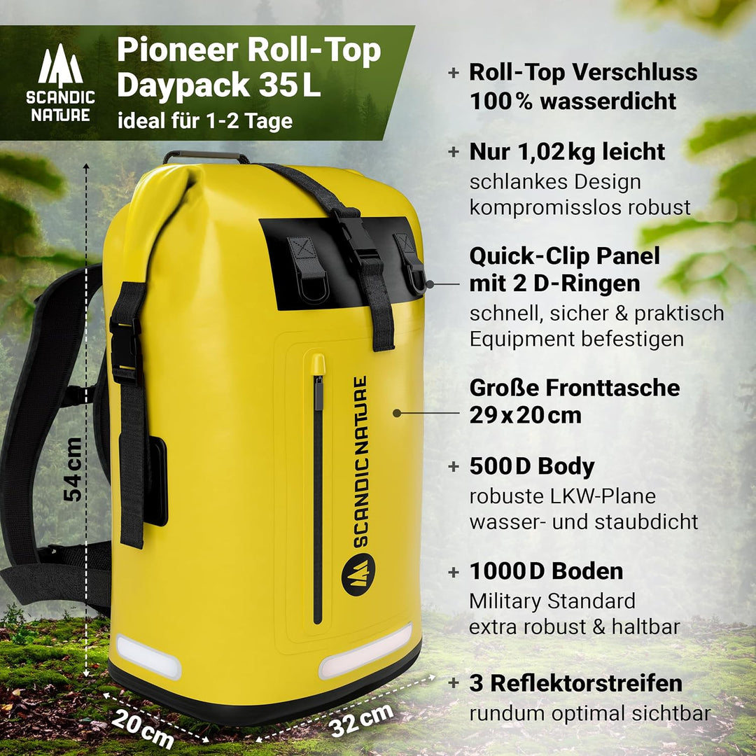 PIONEER wasserdichter Rucksack mit Rolltop Verschluss 35L 55L schwarz gelb oliv-grün - extra robust