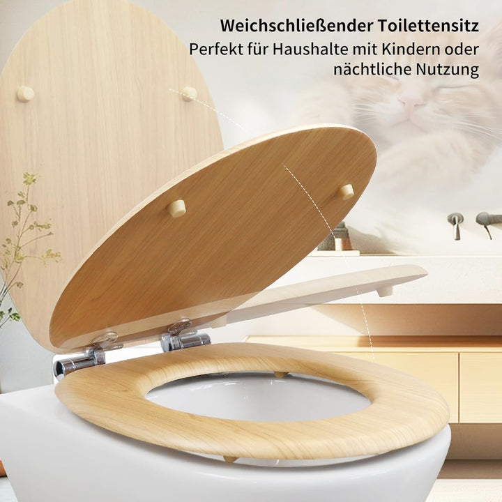 WC-Sitz mit Absenkautomatik, Toilettendeckel aus stabilem MDF-Holzkern, Verstellbare Scharniere aus