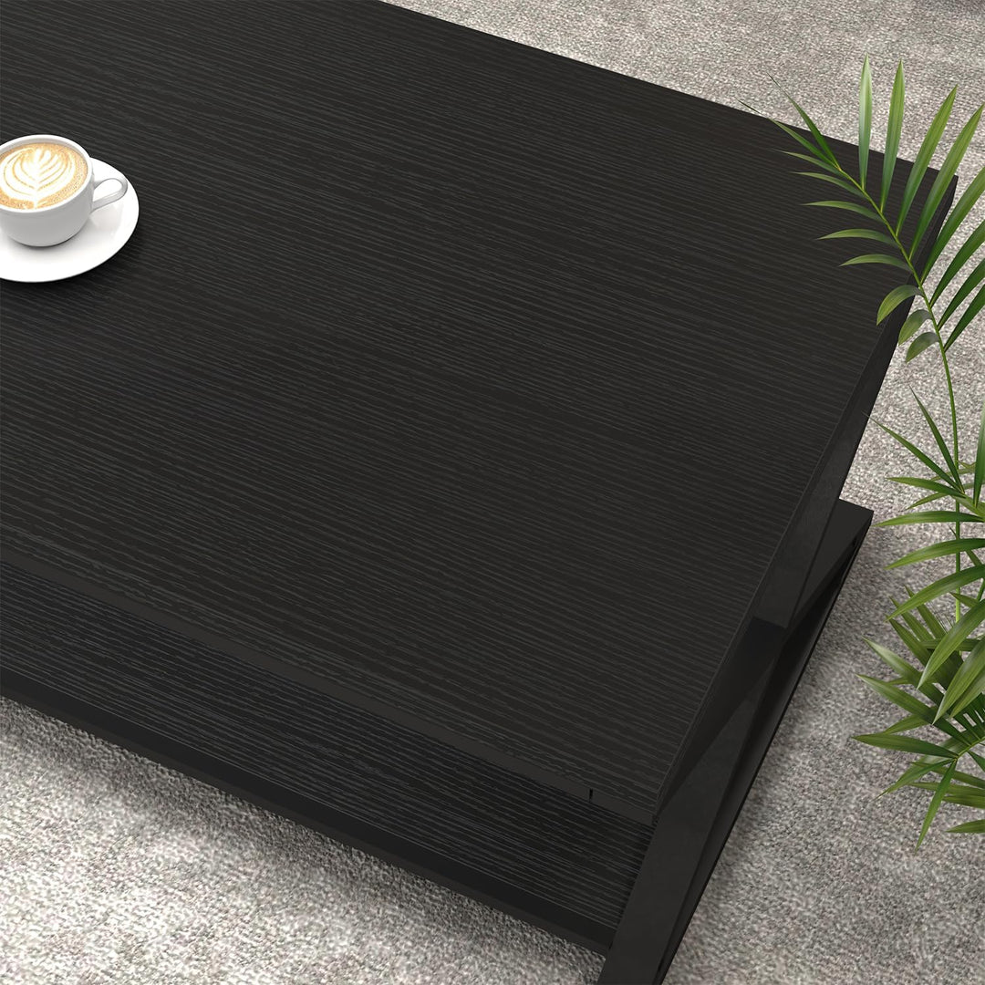 HSH Couchtisch Holz Schwarze Wohnzimmertisch mit Ablagen Moderner Sofatisch mit Stauraum Stabiler Ka