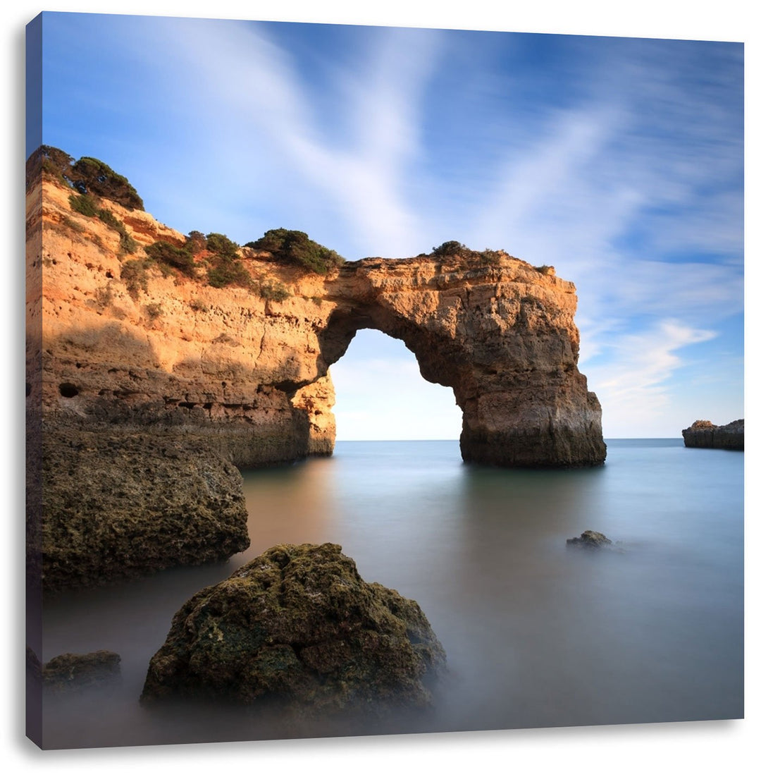 Pixxprint Berg mit Torbogen über dem Meer, Format: 70x70 auf Leinwand, 70x70