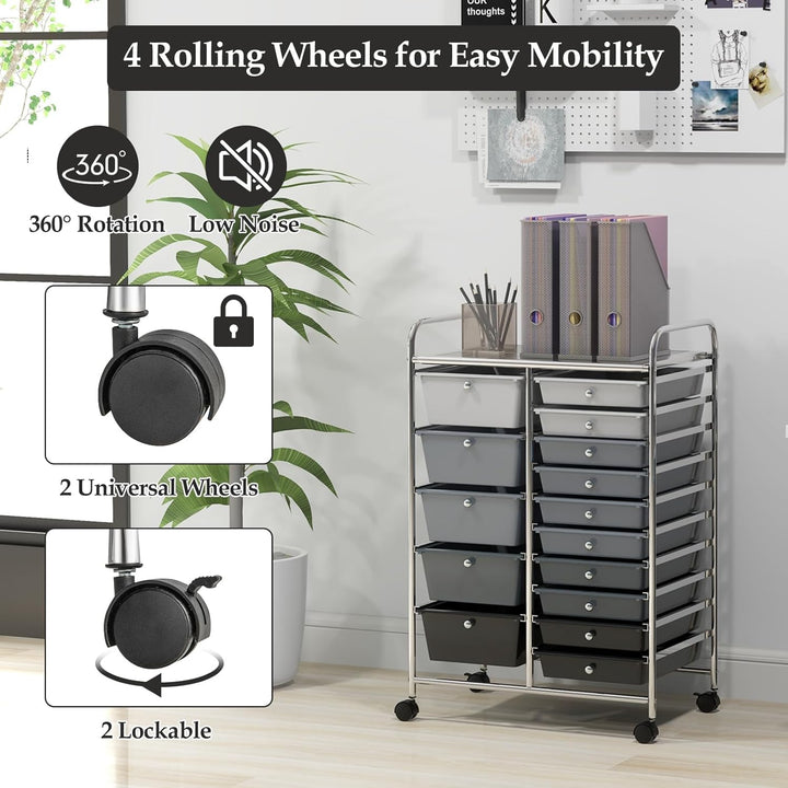 KOMFOTTEU Trolley mit 15 Schubladen, stapelbar, Verriegelungsrollen, metallschoniger Rahmen, für Bür