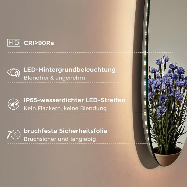 S'AFIELINA Spiegel mit Beleuchtung Asymmetrischer LED Badspiegel 75 × 55 × 2,5 cm (H × B × T) mit To