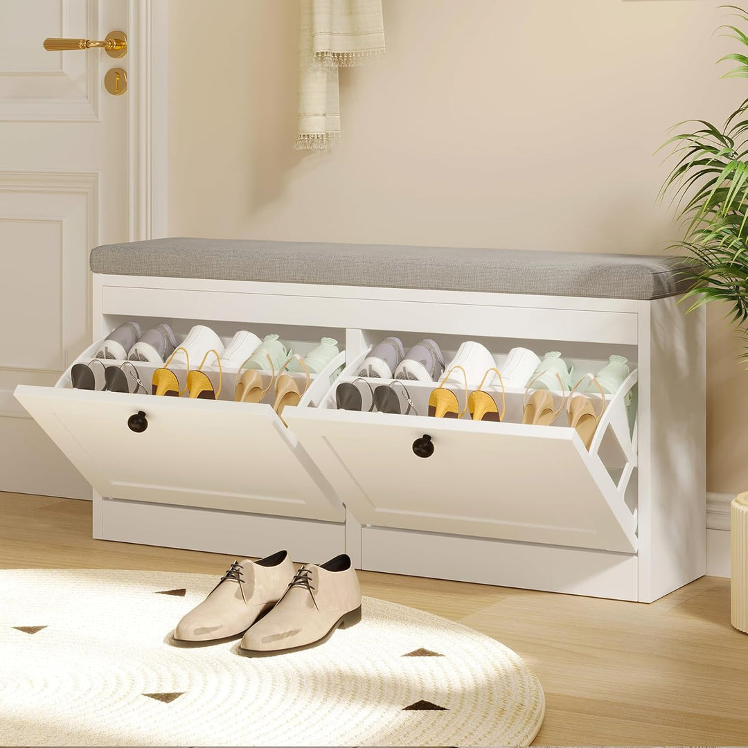 VOWNER Schuhschrank mit 2 Klappen, Schuhregal Schuhkipper Schmal, Sitzbank mit Sitzkissen, Verstellb