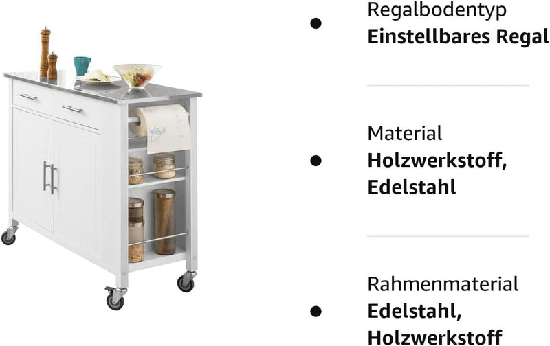 SoBuy FKW108-W Design Küchenwagen mit Edelstahlplatte Kücheninsel mit Seitenregal Küchenschrank Roll