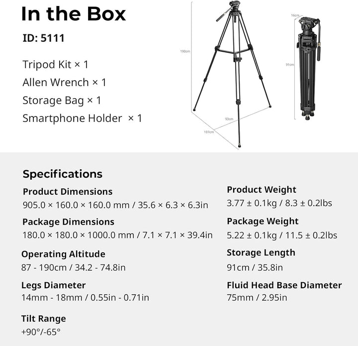 SMALLRIG Heavy-Duty Stativ aus Kohlefaser mit Einstufiger FreeSpeed-Höhenverstellung, 75 Zoll, Fluid