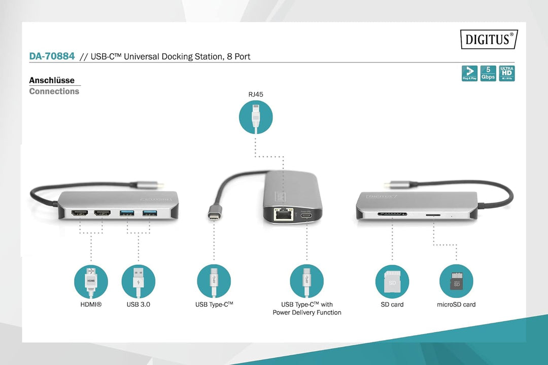 DIGITUS USB-C Docking-Station - 8-Port - Dual-Display-Funktion - 2x HDMI - Gbit LAN - 2 Card-Reader