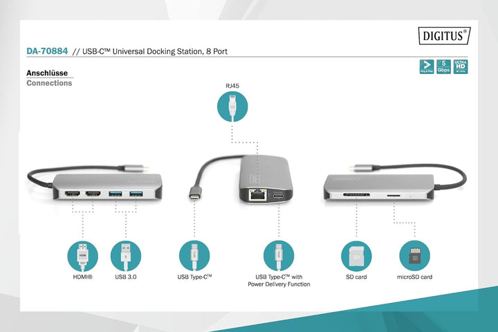DIGITUS USB-C Docking-Station - 8-Port - Dual-Display-Funktion - 2x HDMI - Gbit LAN - 2 Card-Reader
