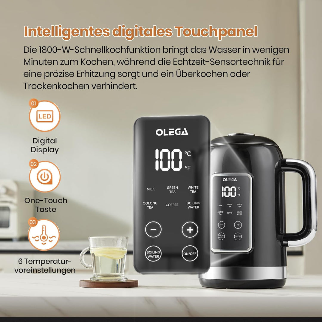 OLEGA Wasserkocher: 1800 W Wasserkocher mit Temperaturregelung, 1,5 l Fassungsvermögen, Edelstahl, S
