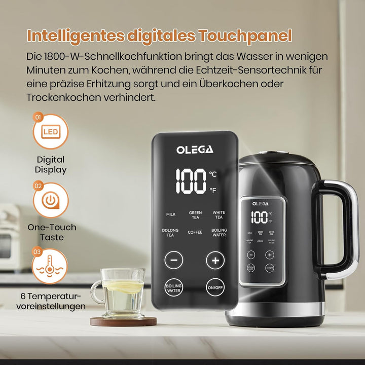 OLEGA Wasserkocher: 1800 W Wasserkocher mit Temperaturregelung, 1,5 l Fassungsvermögen, Edelstahl, S