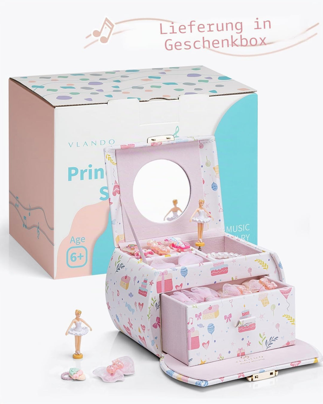 VLANDO Spieluhr Schmuckkästchen Mädchen mit Schubladen, Geburtstagsgeschenk Mädchen Geschenke 6 7 8