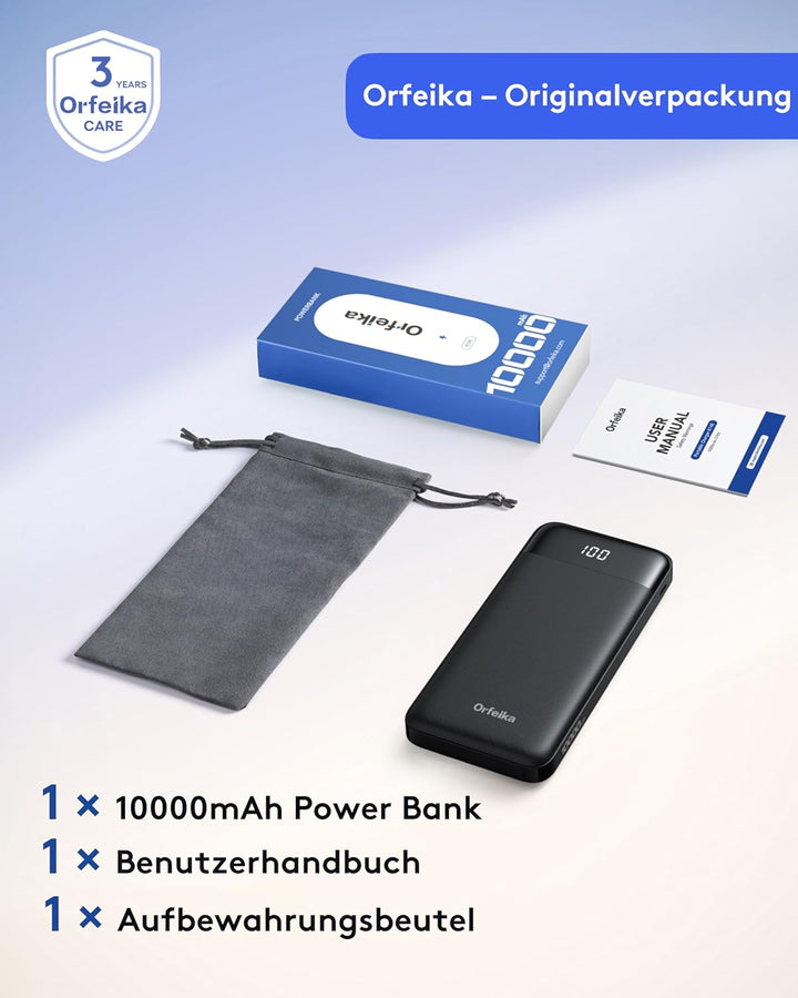 Orfeika 10000mAh Power Bank, 22,5W Powerbank Schnellladung mit 4 Integrierte Kabel,Tragbares Ladeger