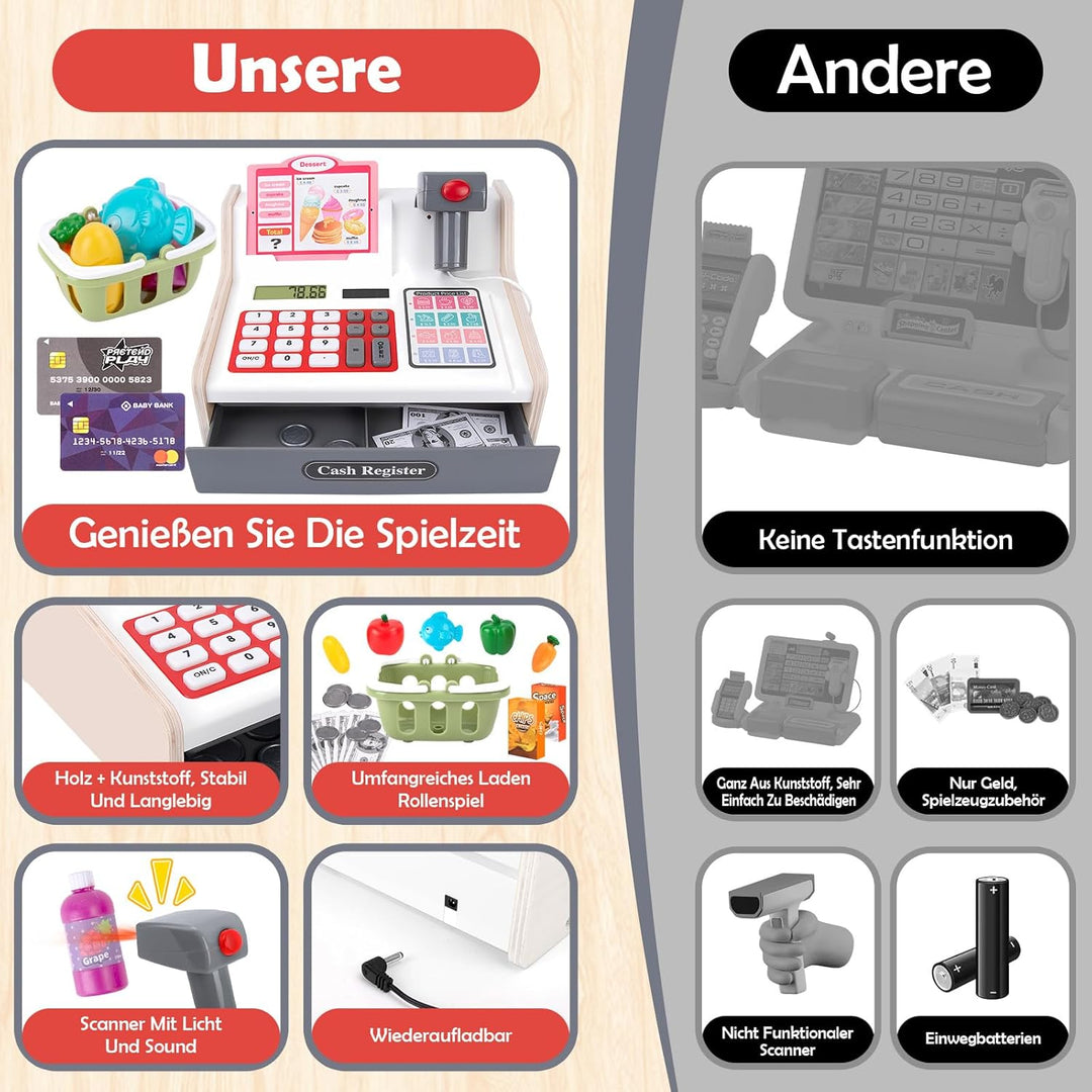 JONRRYIN Holz Kasse Kinder Spielzeug, Spielkasse Kinderkasse mit Scanner & Sound, Spielgeld Einkaufs