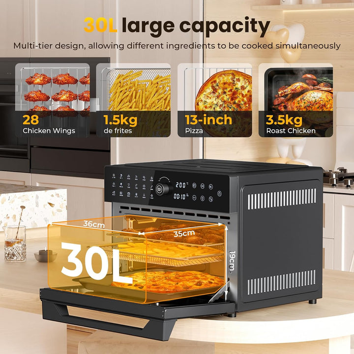 Heissluftfritteuse XXL 30L – Heissluftofen mit Umluft, 18 Programme, 9 Zubehörteile, LED-Touchscreen