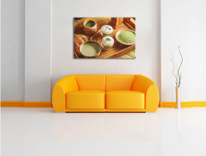 Pixxprint schön dekorierter Matcha Tee als Leinwandbild/Grösse: 100x70 / Wandbild/Kunstdruck/fertig