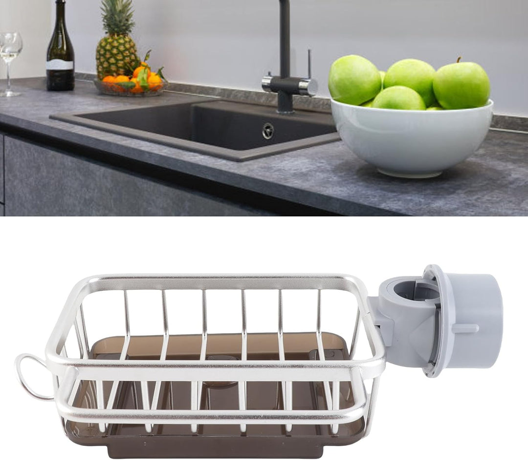 Küchenarmatur-Schwammhalter, Waschbecken-Wasserhahn-Caddy-Organizer mit Abtropfschale für Spülmittel