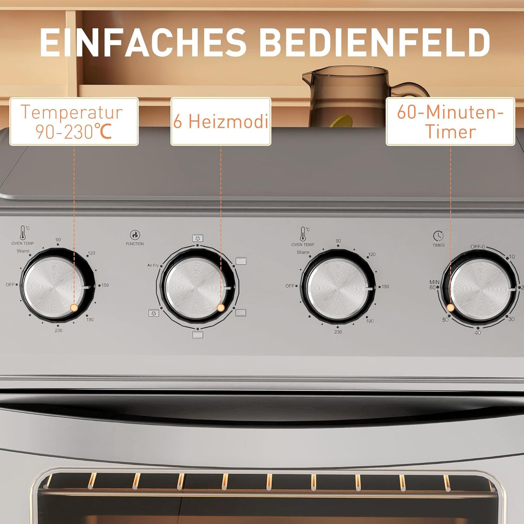 HOMCOM Mini Backofen mit Umluft 24 L 1600W 90-230℃ Heissluftofen mit 60 Min. Timer, Heissluftfritteu