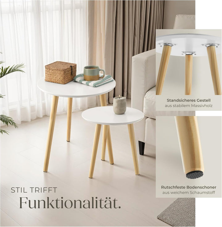 tectake® 2er Set Beistelltisch, Couchtisch Holz rund, Beistelltische als Tisch für Wohnzimmer, Jugen
