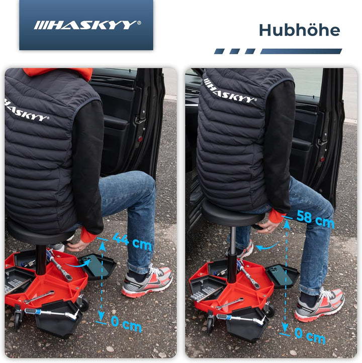 HASKYY Werkstatthocker Arbeitshocker Praxishocker 43-58cm - Bis 150kg belastbar - Gepolsterter Werks