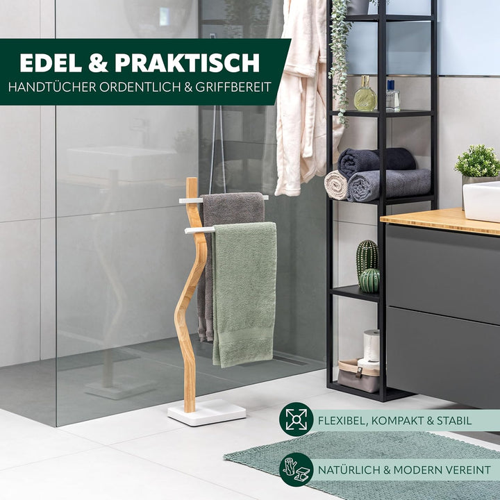 eluno Stand-Handtuchhalter freistehend, 2 Stangen für Handtücher, moderner Handtuchständer aus FSC-z