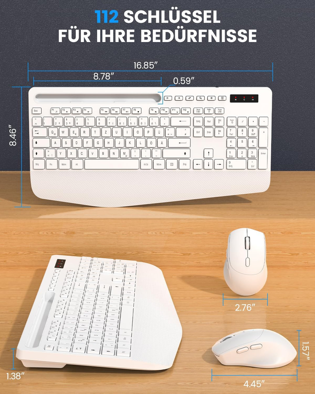 Tastatur Maus Set kabellos, 2.4G keine Latenz Ergonomische Tastatur kabellos Set, Handballenauflage,