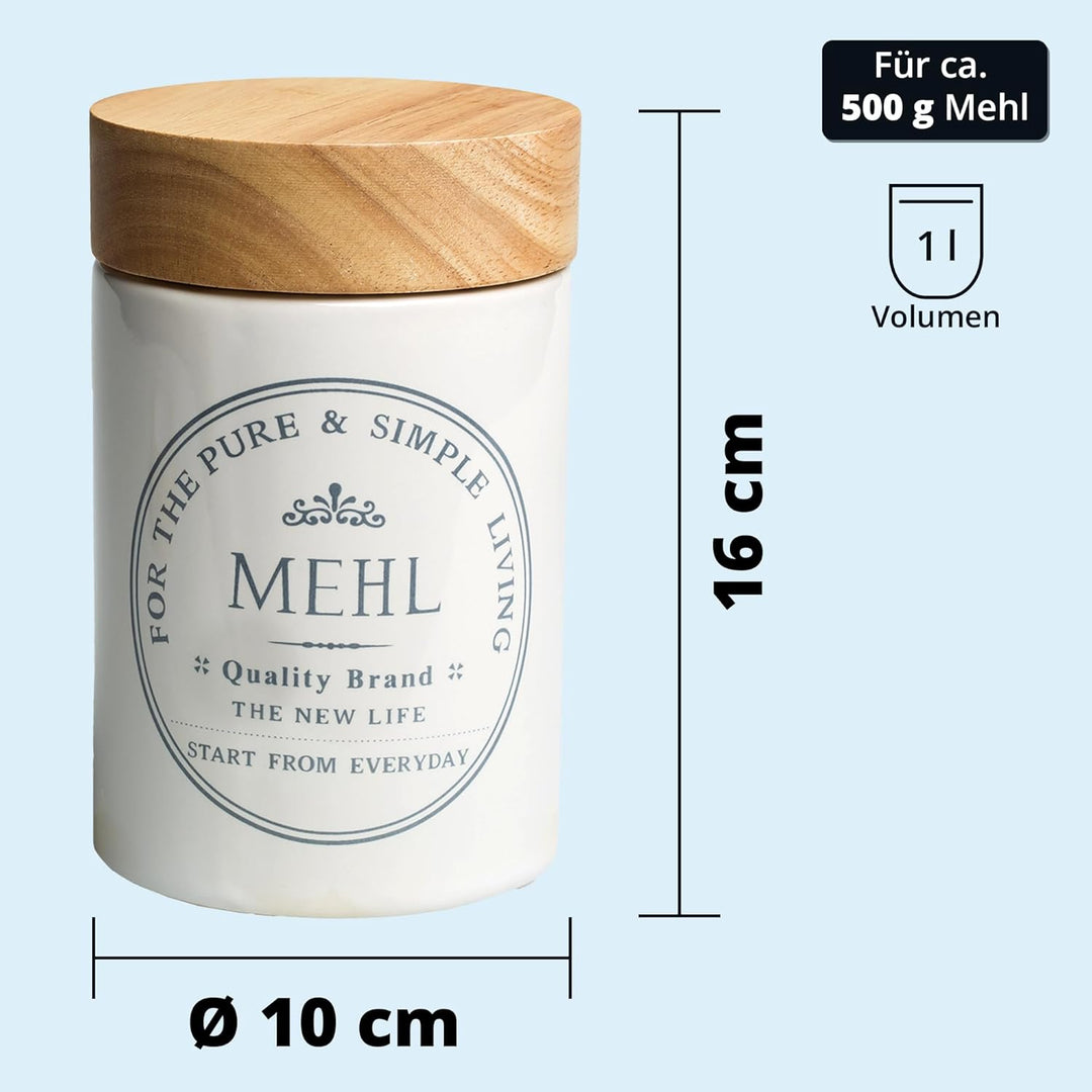 KHG Mehldose luftdicht, Mehl Aufbewahrung Keramik Steingut Weiss Holzdeckel Bambus, Kapazität 500g,