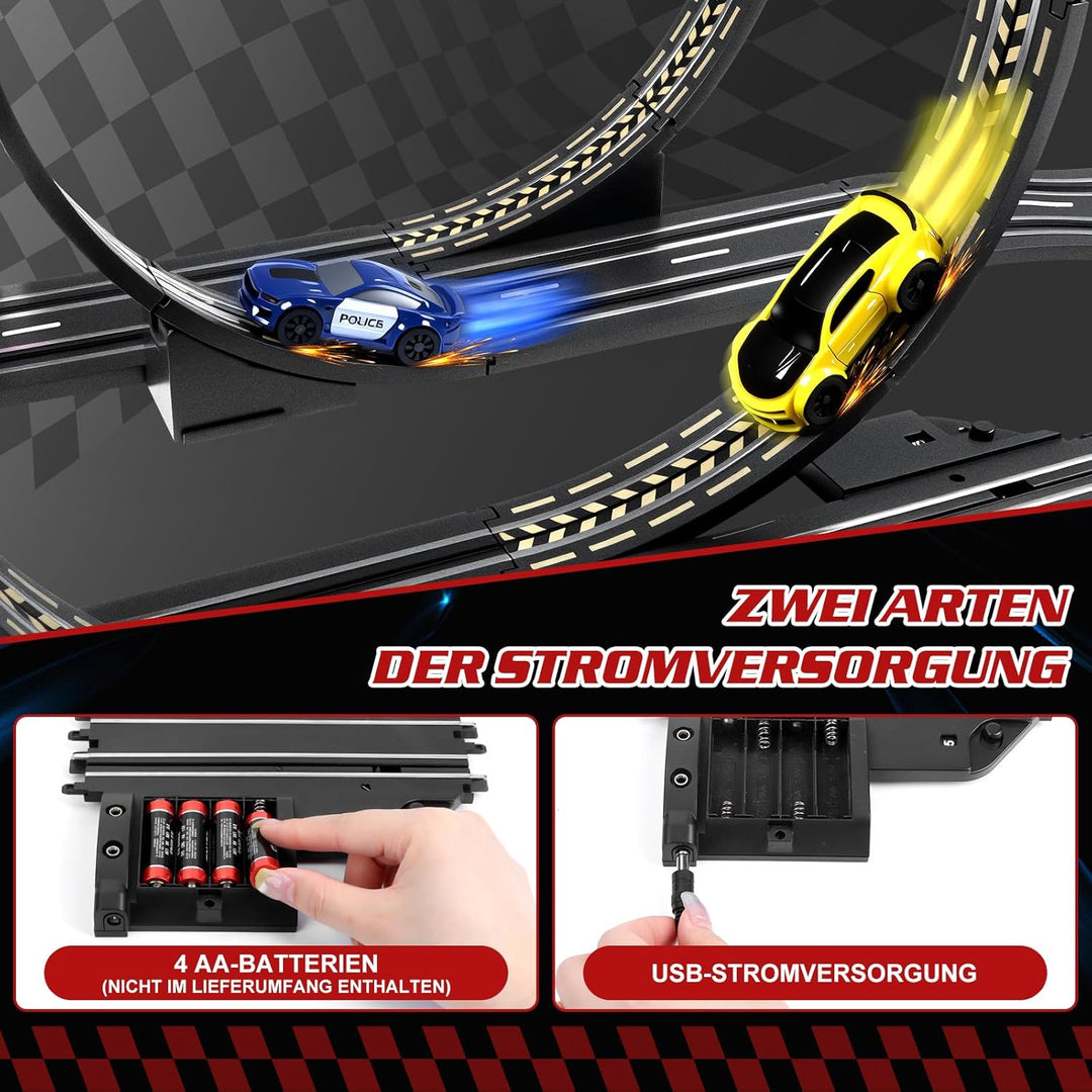Autorennbahn Rennbahn Elektrisch Kinder, 1:64 Autobahn USB Elektrische Rennstrecke, 2 Slotcars Runde