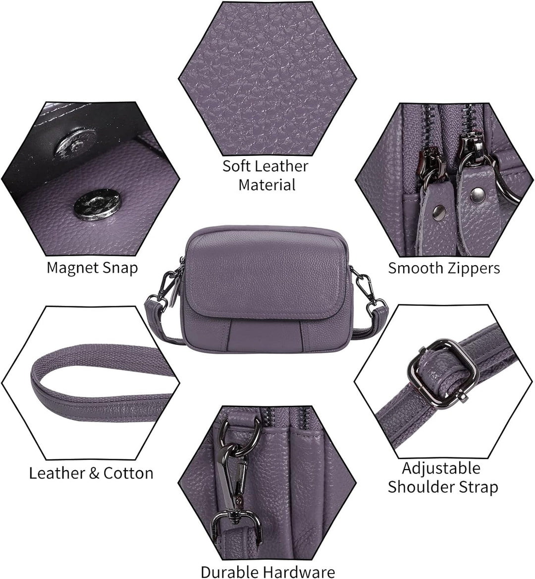 HAWEE Damen Handy Umhängetasche Echtes Leder Crossbody Schultertasche mit 3 Reissverschlüsse Kleine