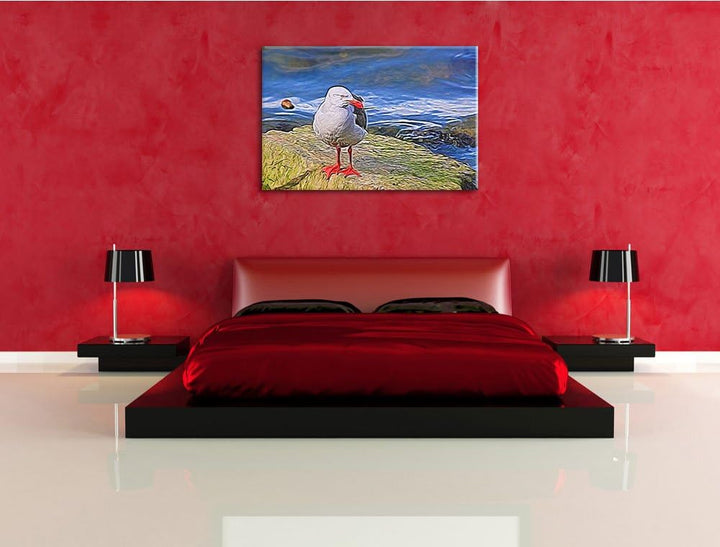 kleine Möwe auf Felsbrocken Deluxe Format: 100x70 cm auf Leinwand, XXL riesige Bilder fertig gerahmt