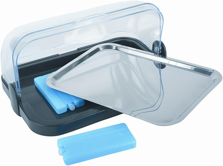 APS Buffetvitrine – Beidseitig aufklappbare, transparente Rolltophaube, eine Schale, EIN rostfreies