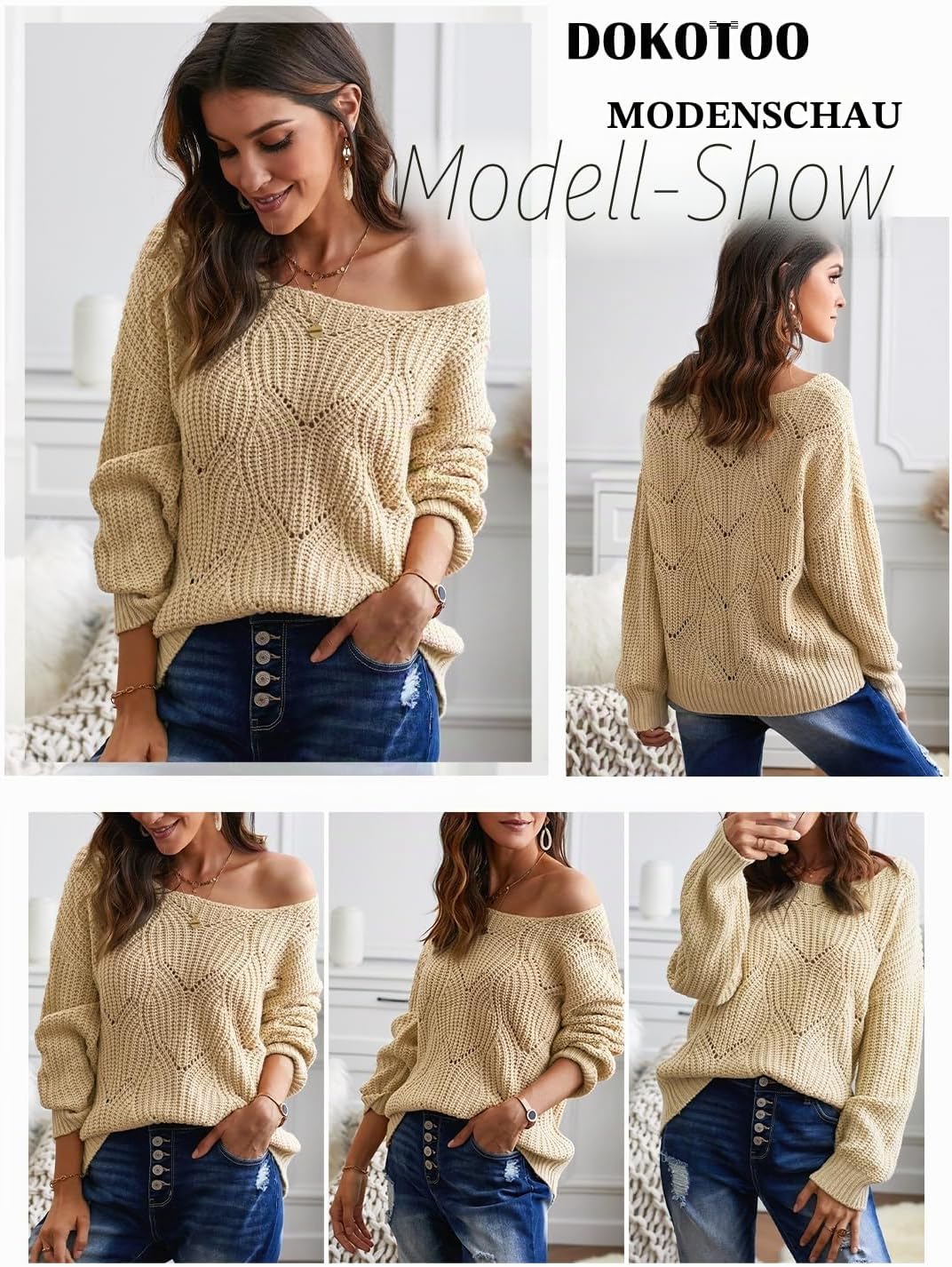 Dokotoo Damen Strickpullover Elegant Rundhals Pullover Herbst Winter Einfarbiger Pulli Oberteil Swea