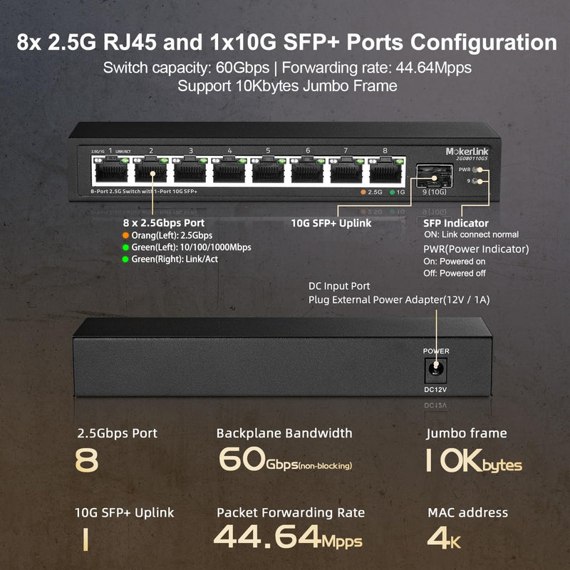 MokerLink 8 Port 2.5Gigabit Ethernet Switch mit 10G SFP Slot, 8 x 2.5G Base-T Ports kompatibel mit 1