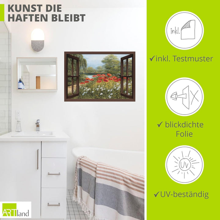ARTland Wandbild selbstklebend Vinylfolie 100x70 cm Fensterblick Landschaft Blumen Mohnblumen See Bl