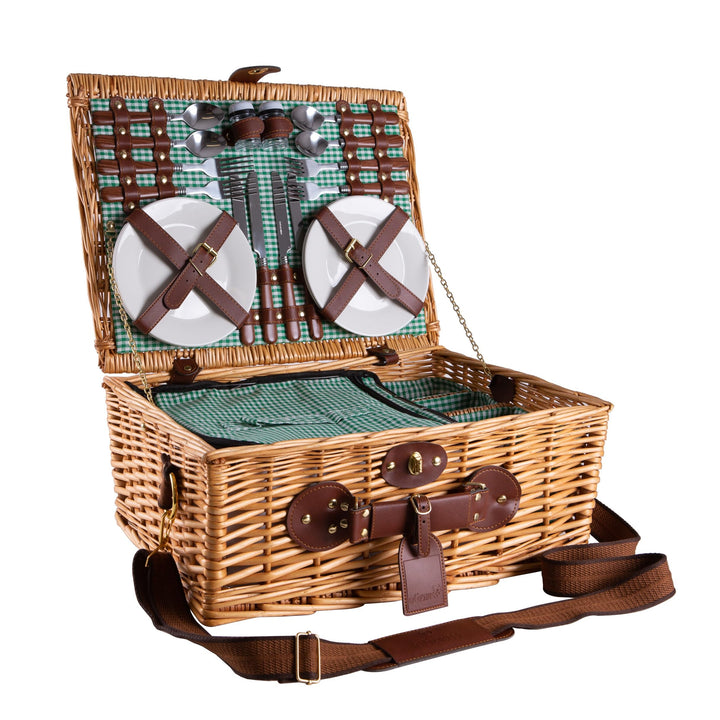 Picknickkorb 4 Personen Grün mit Kühlfach & Schultergurt – Picknicktasche Naturweide inkl. Teller Gl