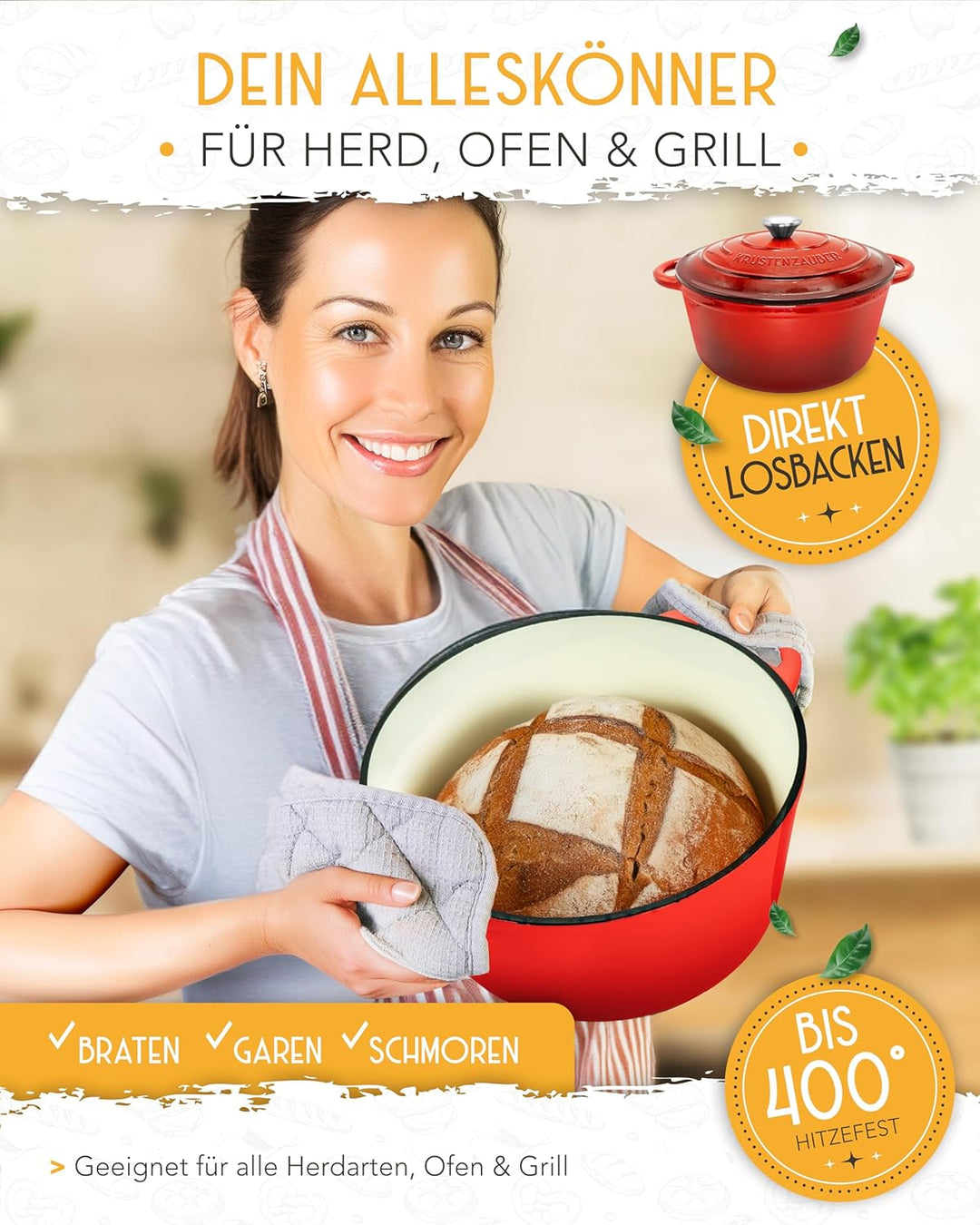 KRUSTENZAUBER Gusseisen Topf Brot Backen emailliert im XXL Set - Brotbackform mit Deckel inkl Gärkor