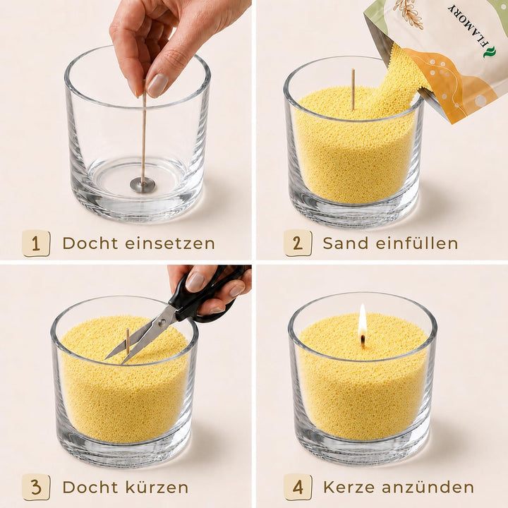 Duftkerzensand Probierset – Kerzensand mit Duft &amp; 9 Dochten – ohne Paraffin – aus Pflanzenwachs – ei