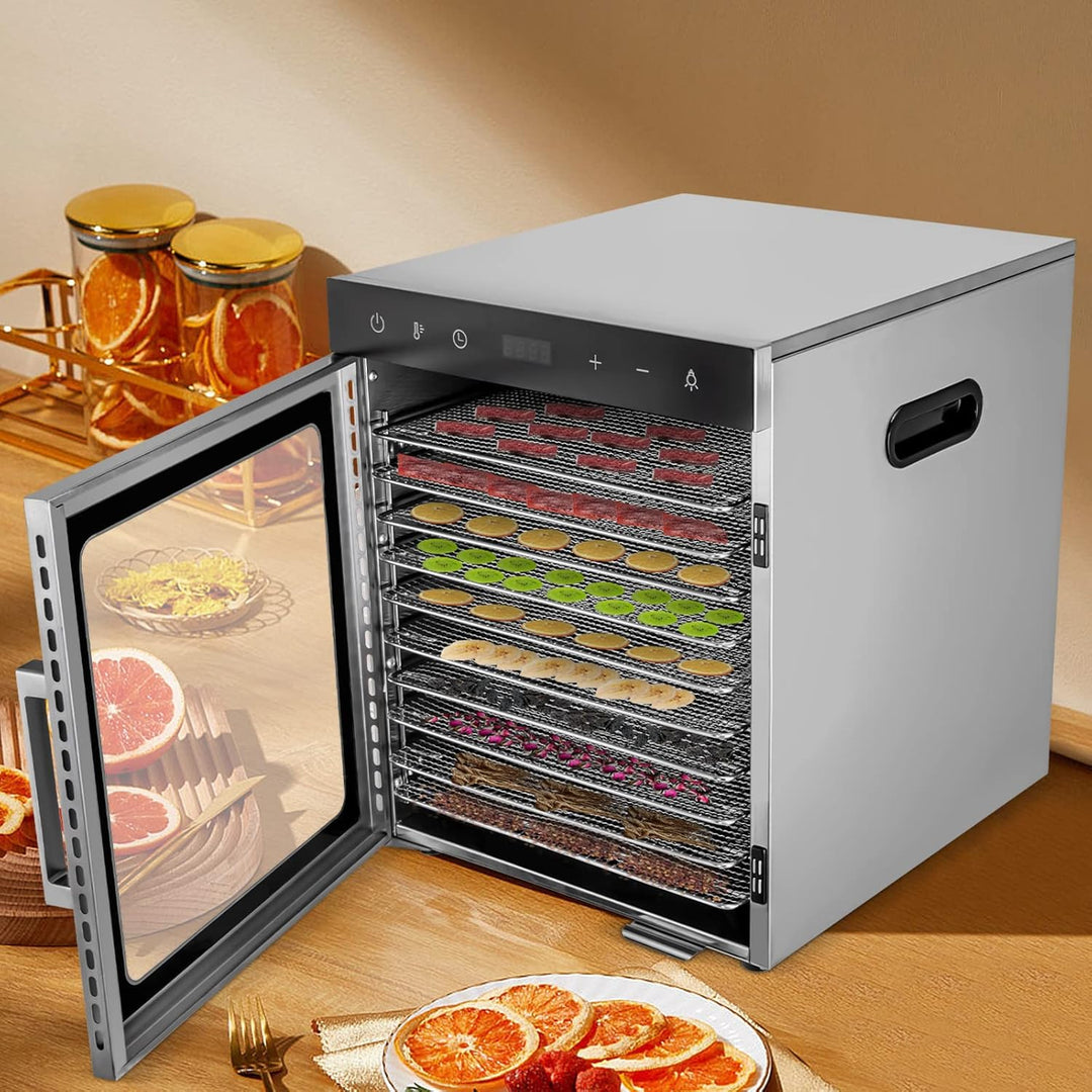 Dörrautomat Edelstahl, 800W Food Dehydrator mit 10 Edelstahlgitter, Timer bis zu 24h Dehydrator, 30-