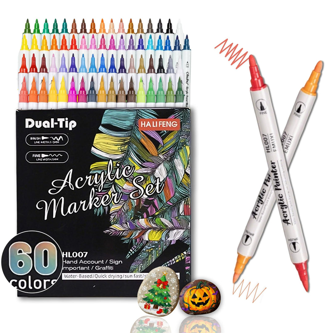 60 Farben Acrylstifte Set mit Doppelspitze (Feiner Spitze und Pinsel), Acrylstifte für Steine Wasser