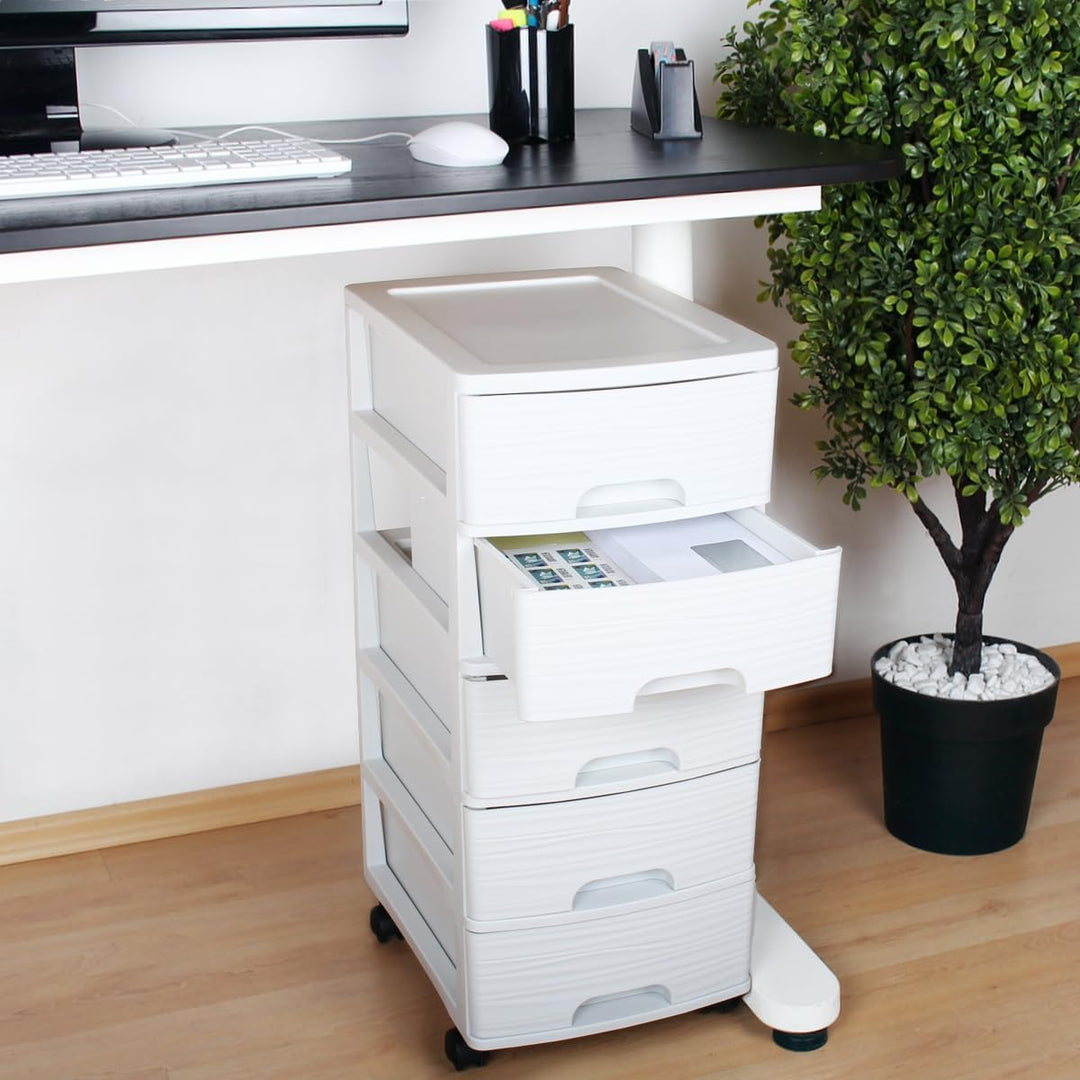 Schubladenschrank mit Rollen Rollcontainer mit 5 Schubladen Rollschrank aus Kunststoff Rollwagen (We