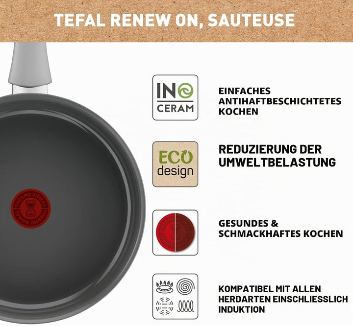 Tefal Renew On Schmorpfanne 24 cm, Antihaftbeschichtung, Keramik, Induktion, Thermo-Signal-Kochanzei