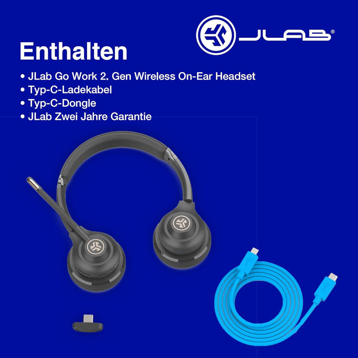 JLab Go Work 2nd Gen Headset mit Mikrofon Bluetooth & USB C Dongle, 55+ Std. Akku, On Ear Wireless H
