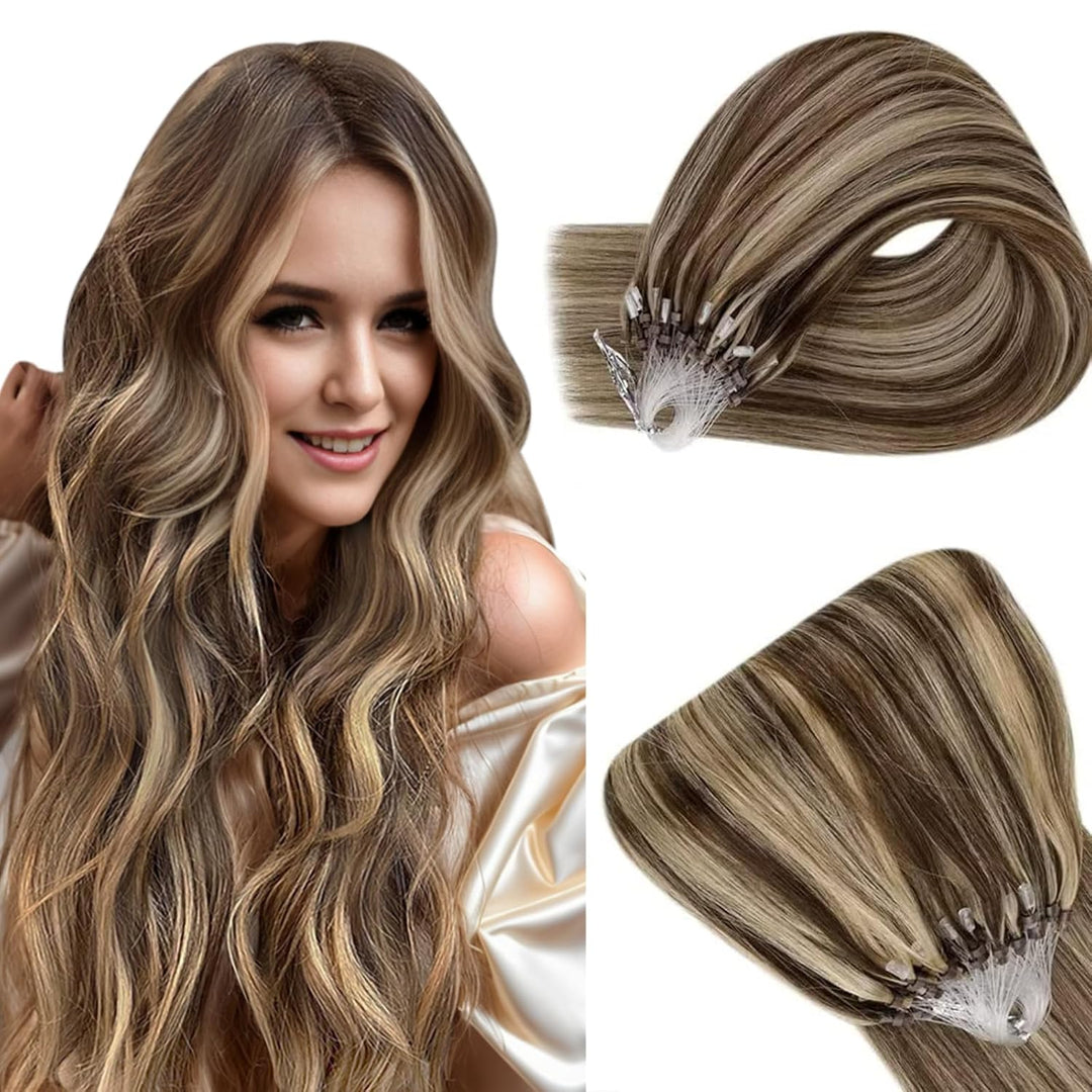 Easyouth Braun Microring Extension Echthaar Micro Extensions Mittelbraun Mix Honigblond Microring Ha