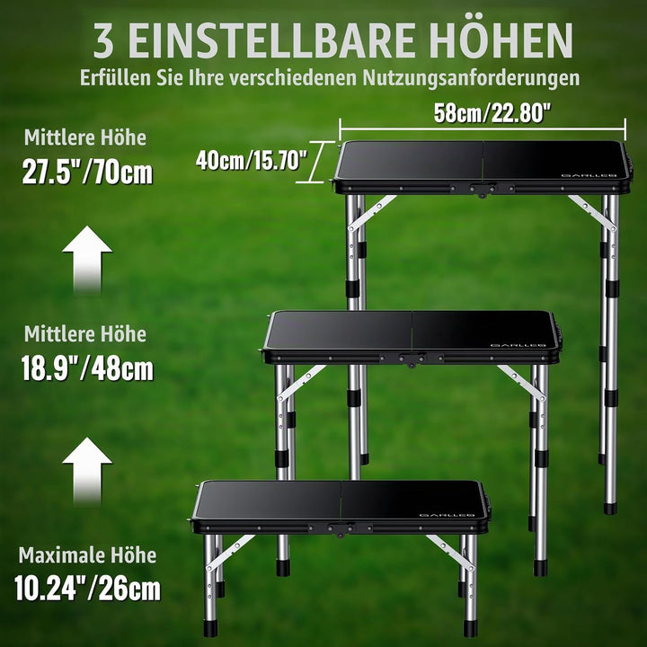 GARLLEN Campingtisch klappbar Klapptisch, 58x40cm &amp; 3 Höhenverstellbar(26/48/70cm) ABS Wasserdichter