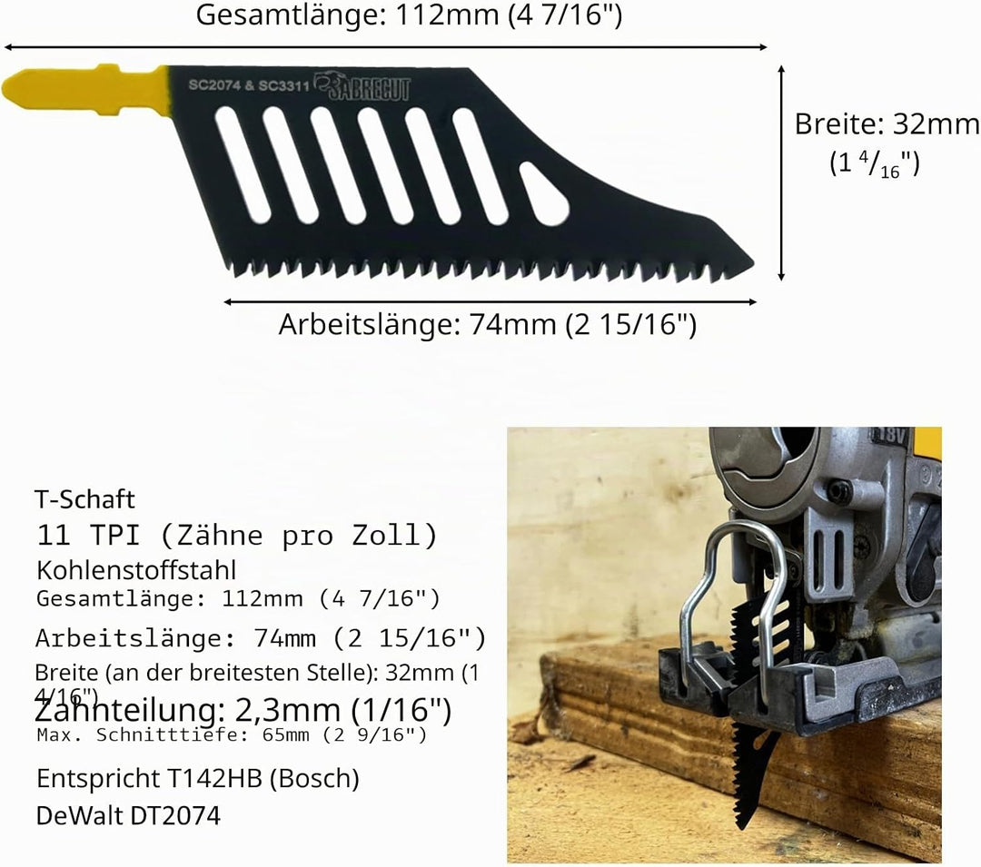 3 x SabreCut JSSC2074_3 T-Schaft HCS Wood Flush Cutting DT2074 Stichsägeblätter kompatibel mit Dewal
