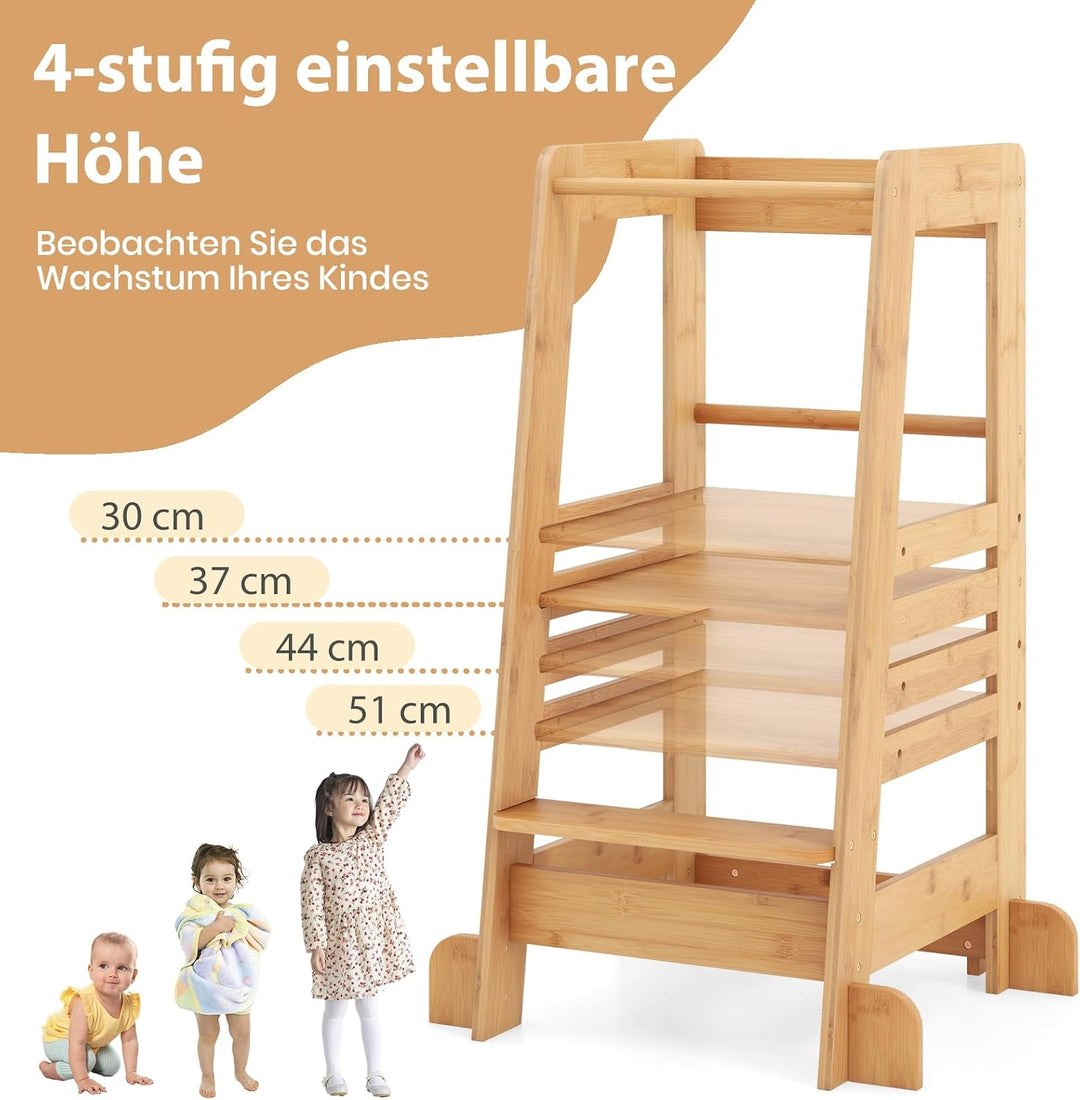DREAMADE Lernturm für Kleinkinder, Lernstuhl aus Bambus mit 4-stufig höhenverstellbar, Tritthocker m