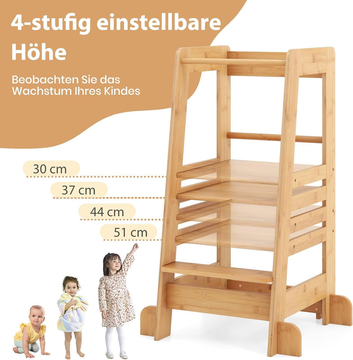 DREAMADE Lernturm für Kleinkinder, Lernstuhl aus Bambus mit 4-stufig höhenverstellbar, Tritthocker m