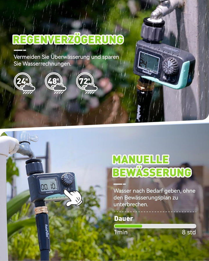 RAINPOINT Bewässerungscomputer, Aufgerüsteter Wasserzeitschaltuhr mit Regenverzögerung/Manueller Bew