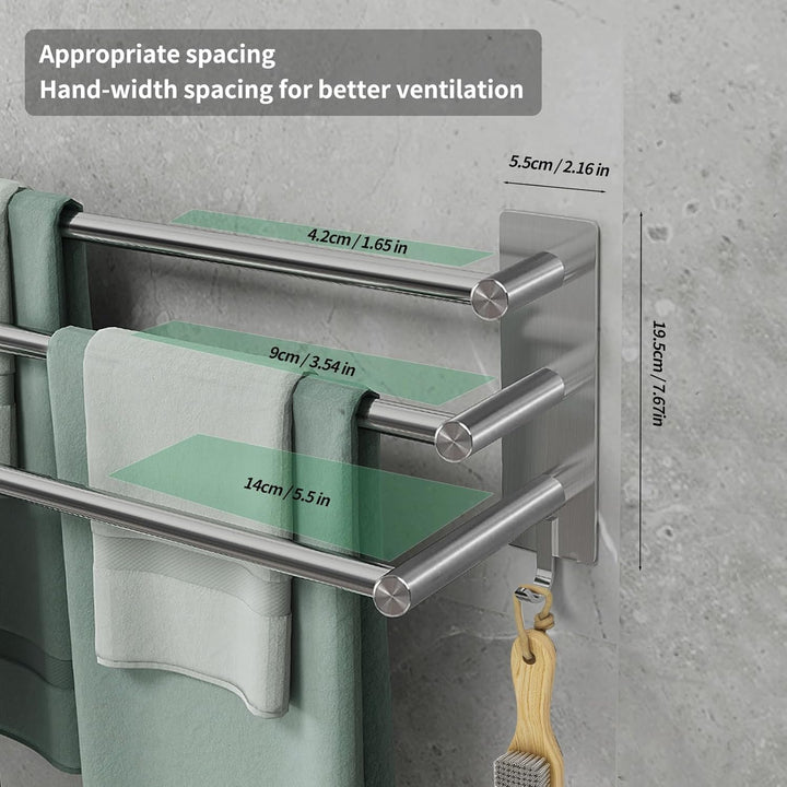 JS Handtuchhalter Ohne Bohren SUS304 Edelstahl Handtuchstange Wand 3 Stangen Handtuchregal mit 2 Hak