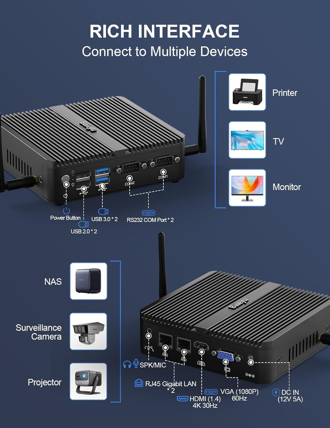 Lüfterloser Mini PC Windows 10 pro with Celeron J4125 Mini Industrial PC 8 GB DDR4-RAM 256 GB SSD Mi